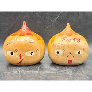 Vtg Salty & Peppy Wood Salt Pepper Shakers Anthropomorphic Onion 2.5" Painted